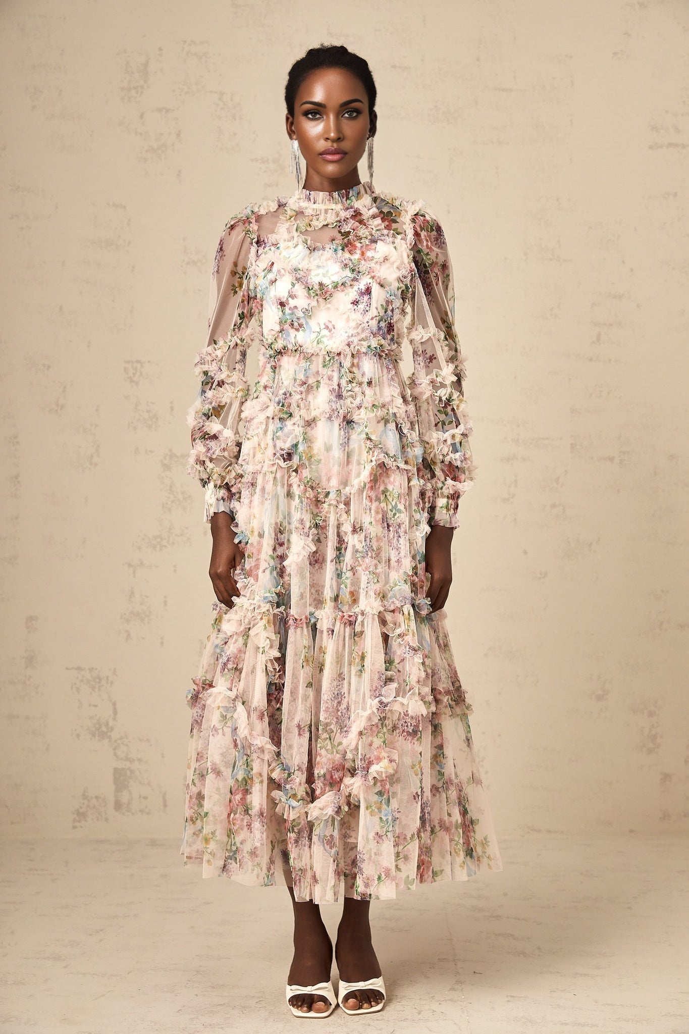 Bianchina Midi Dress – Crew Neck – Floral Print – Tulle Overlay