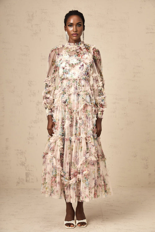 Bianchina Midi Dress – Crew Neck – Floral Print – Tulle Overlay