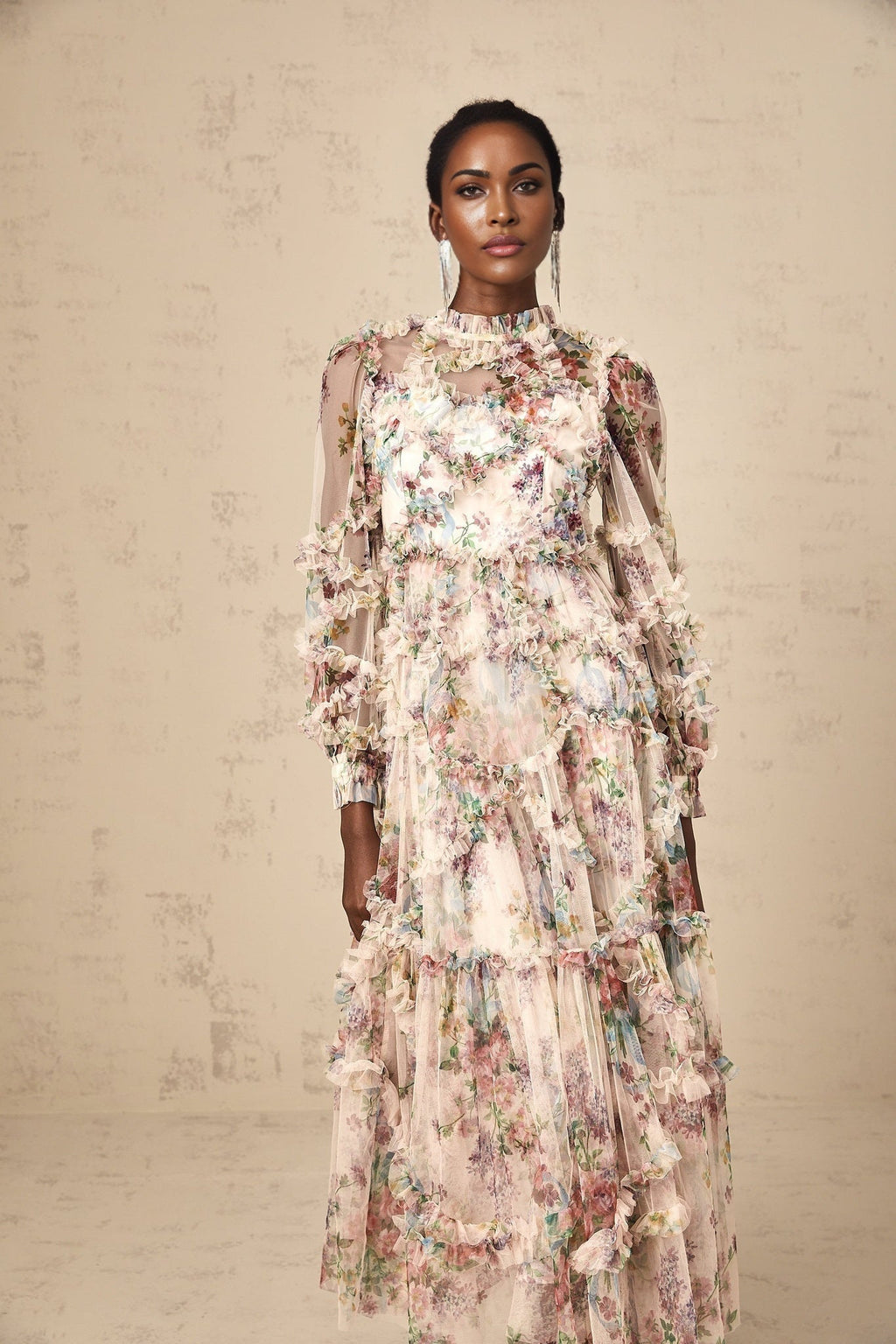 Bianchina Midi Dress – Crew Neck – Floral Print – Tulle Overlay
