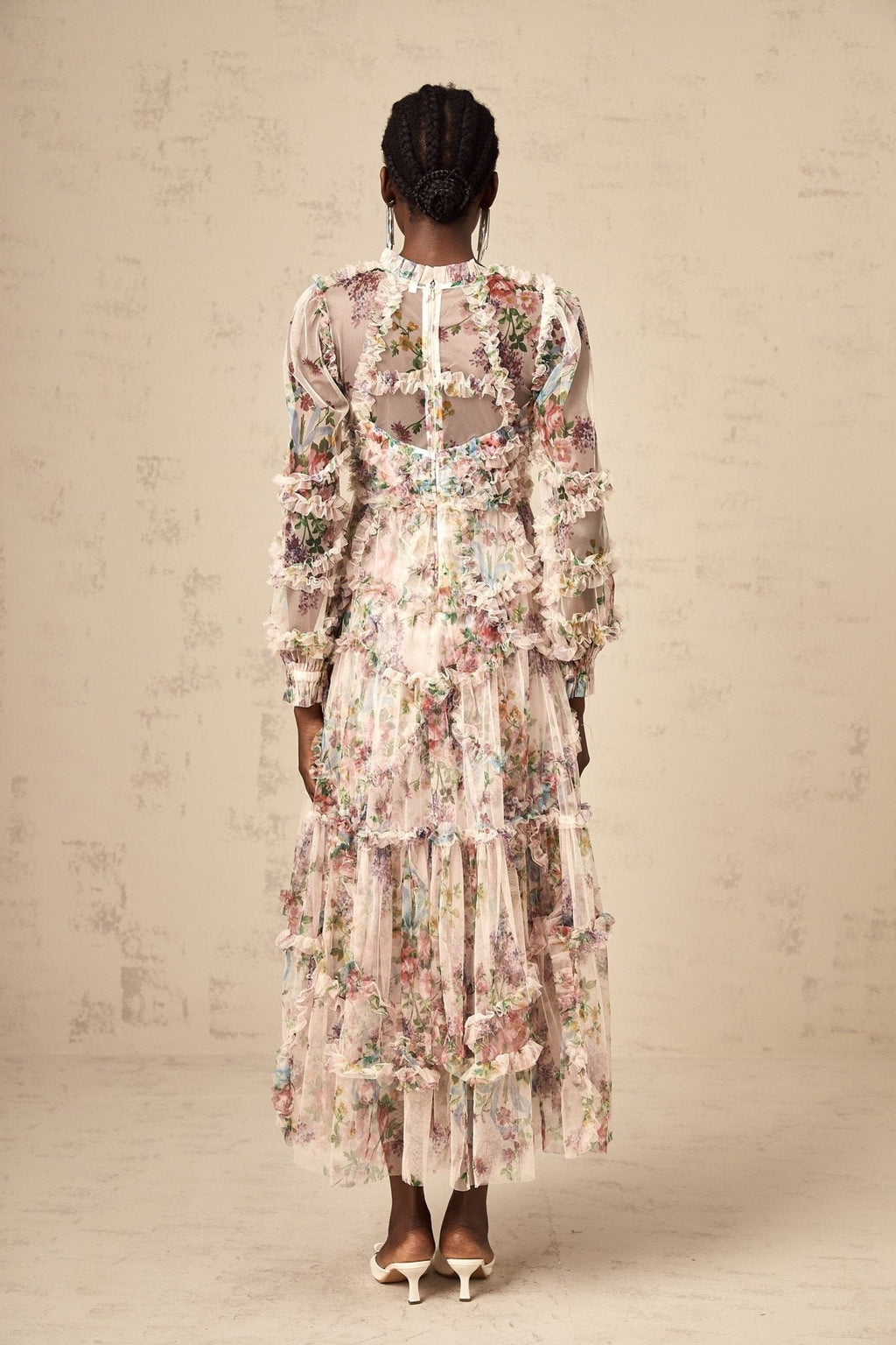 Bianchina Midi Dress – Crew Neck – Floral Print – Tulle Overlay