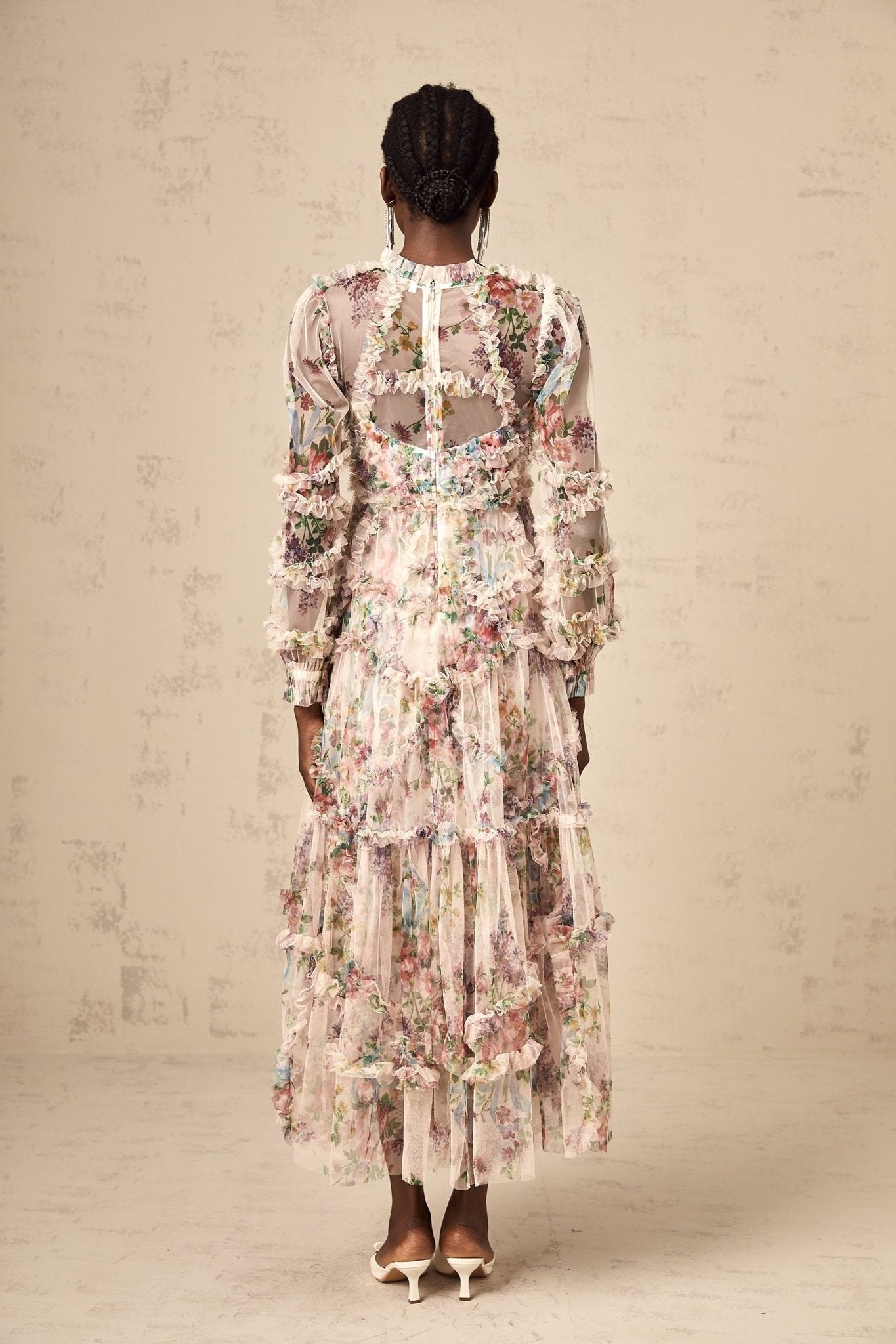 Bianchina Midi Dress – Crew Neck – Floral Print – Tulle Overlay