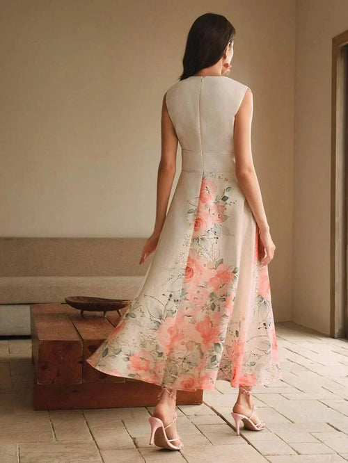Bianchina Midi Dress - Deep V Neck - High Waist - A Line - Floral Print - Elegant