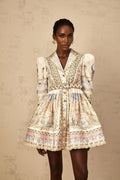 Bianchina Mini Dress Neutral Multi Belted V - Neck Pattern & Button Mini - Length