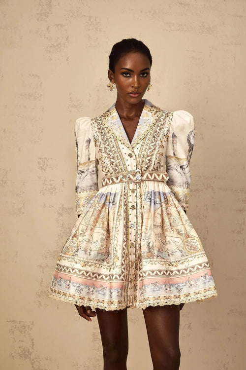 Bianchina Mini Dress Neutral Multi Belted V - Neck Pattern & Button Mini - Length