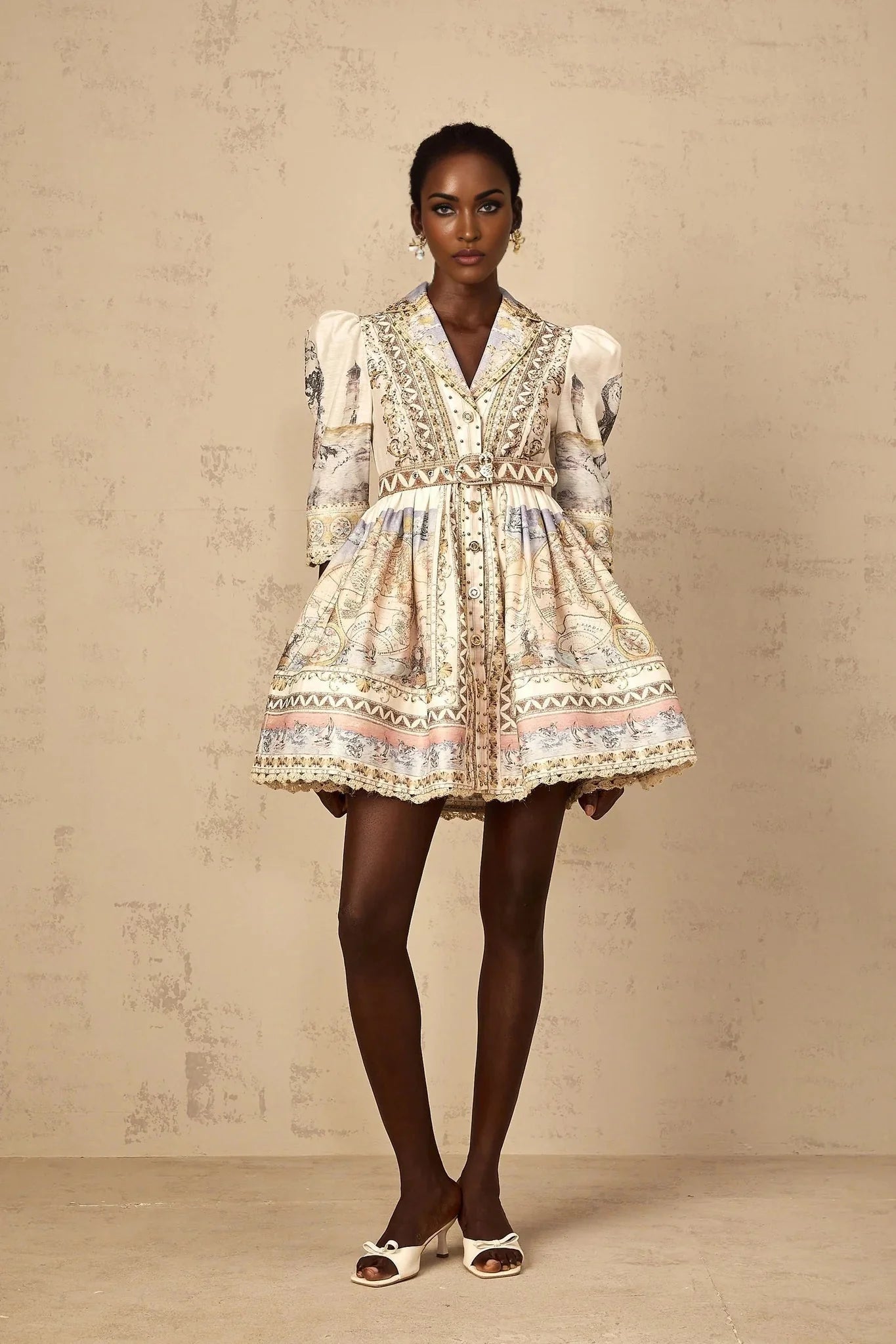 Bianchina Mini Dress Neutral Multi Belted V - Neck Pattern & Button Mini - Length