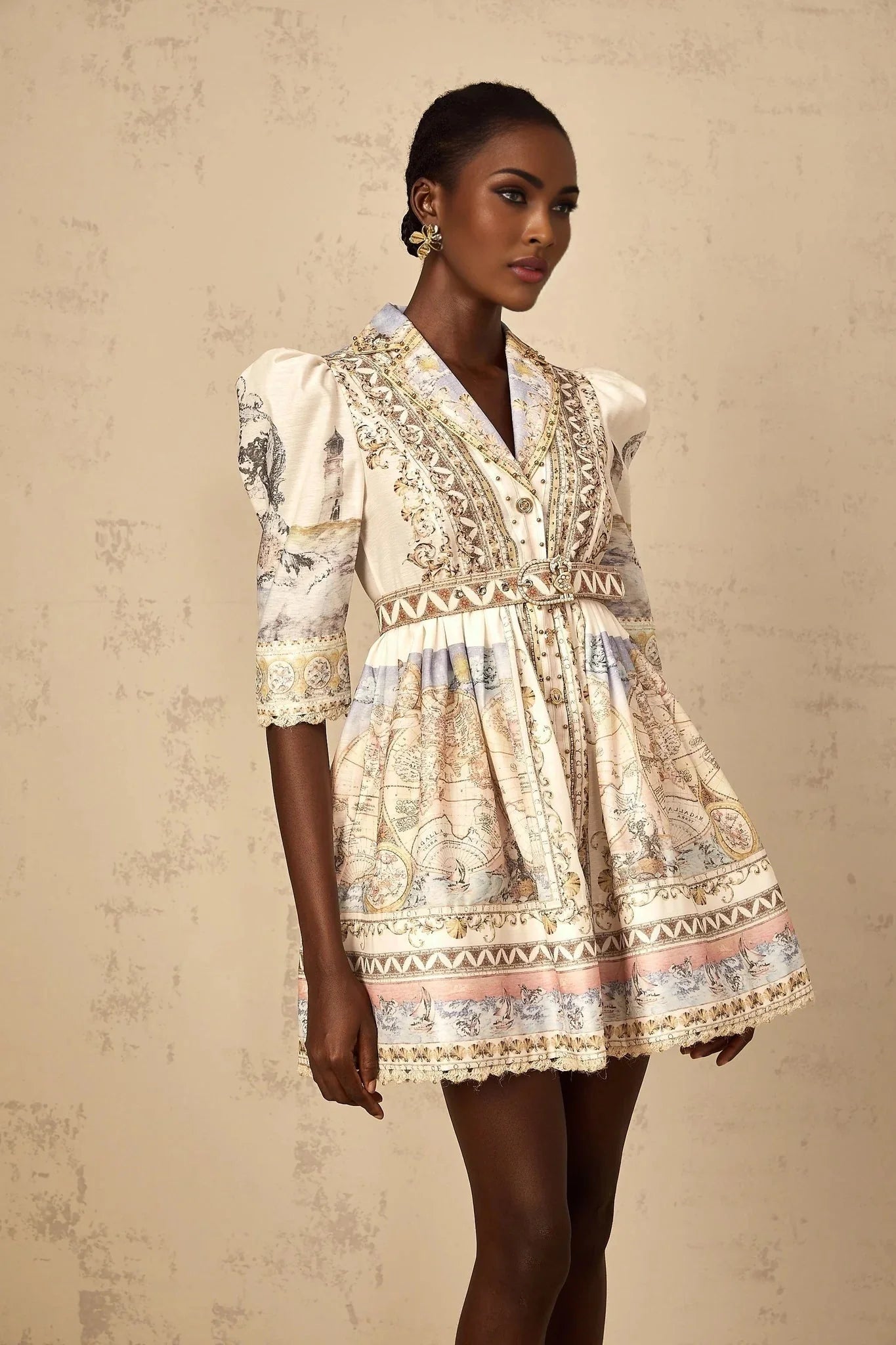 Bianchina Mini Dress Neutral Multi Belted V - Neck Pattern & Button Mini - Length