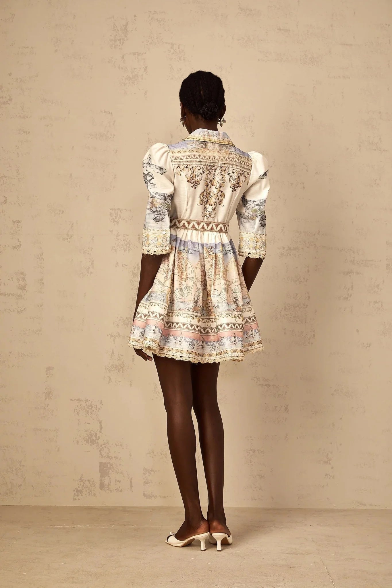 Bianchina Mini Dress Neutral Multi Belted V - Neck Pattern & Button Mini - Length