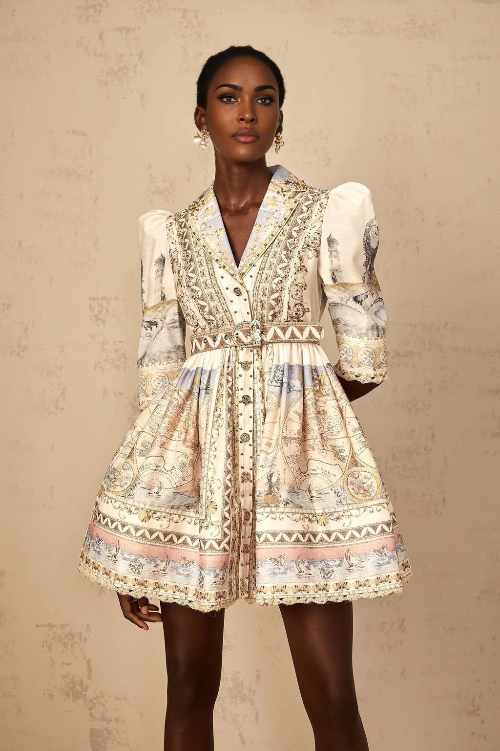 Bianchina Mini Dress Neutral Multi Belted V - Neck Pattern & Button Mini - Length