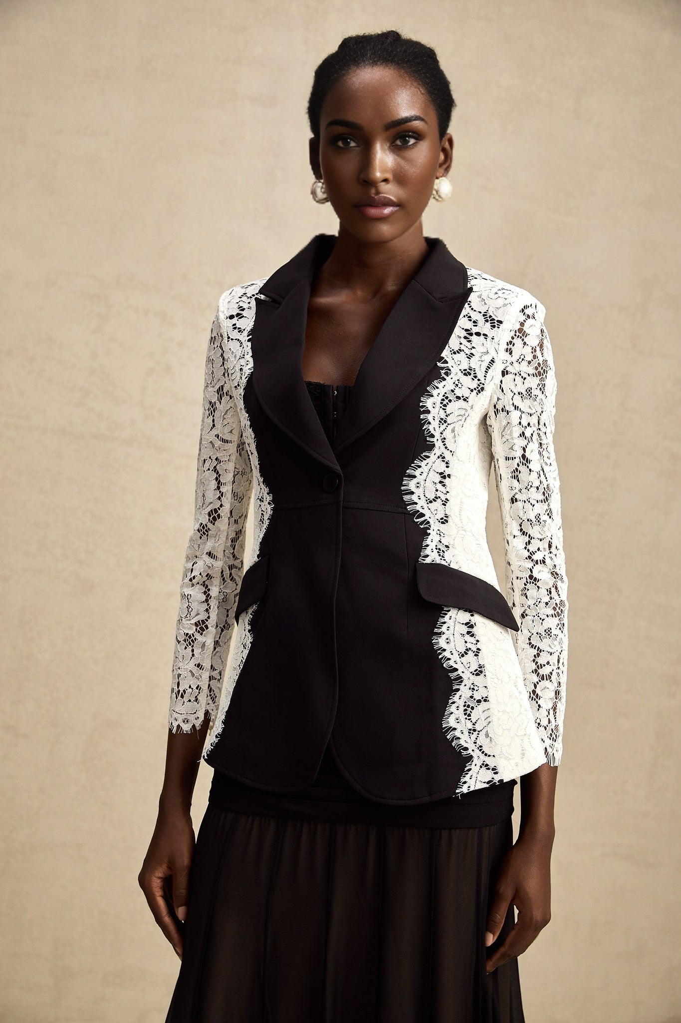 Bice Blazer - Long Sleeves - Color Blocking - Panel Design - Lace Trim