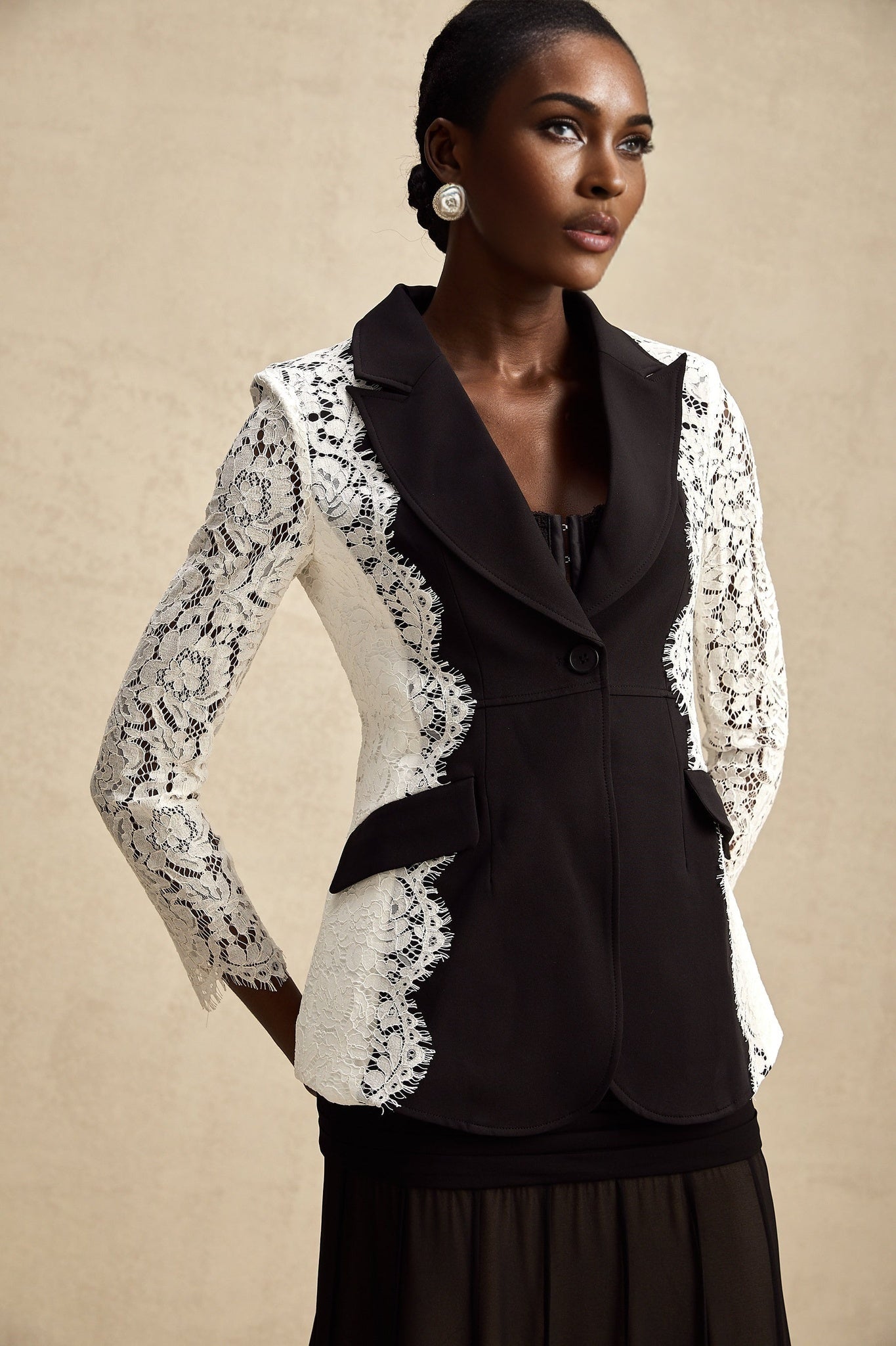 Bice Blazer - Long Sleeves - Color Blocking - Panel Design - Lace Trim