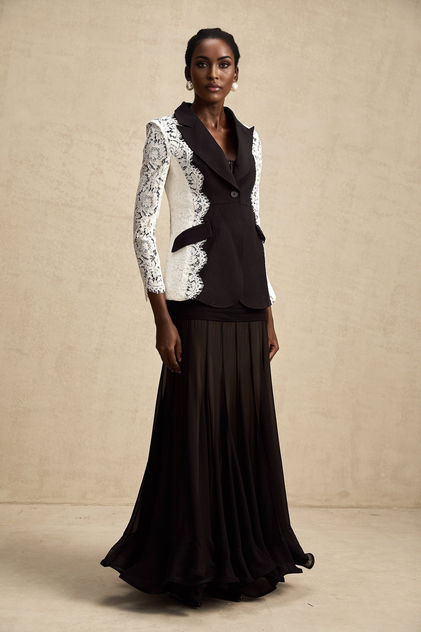 Bice Blazer - Long Sleeves - Color Blocking - Panel Design - Lace Trim