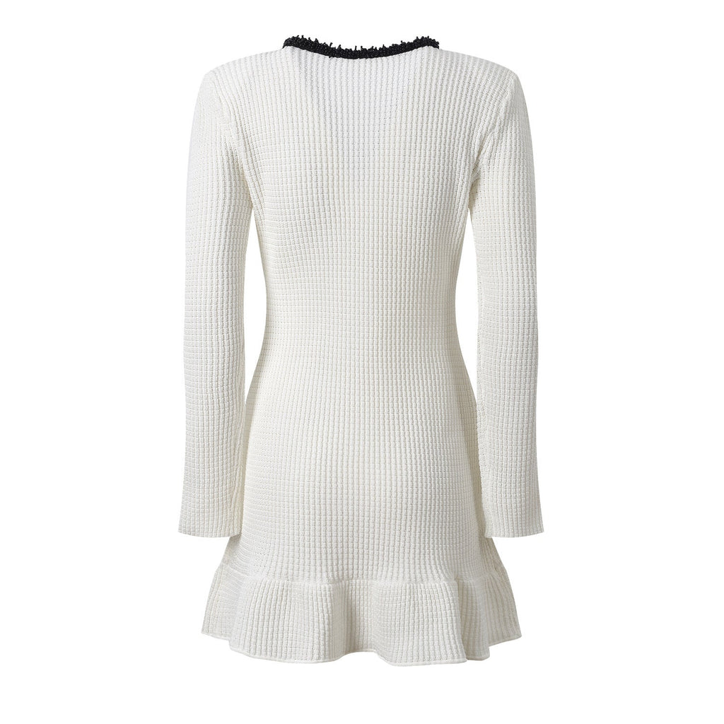 Bice Dress - Tailored Waist With Flared Hem - V - Neck With Contrasting Trim - Form - Fitting Yet Comfortable - Chic Modern Silhouette - Textured Knit Fabric