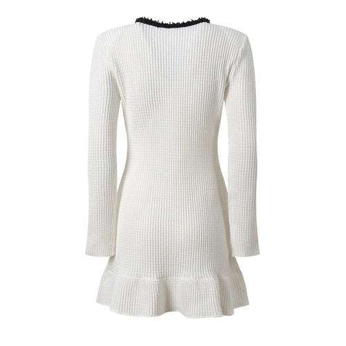 Bice Dress - Tailored Waist With Flared Hem - V - Neck With Contrasting Trim - Form - Fitting Yet Comfortable - Chic Modern Silhouette - Textured Knit Fabric