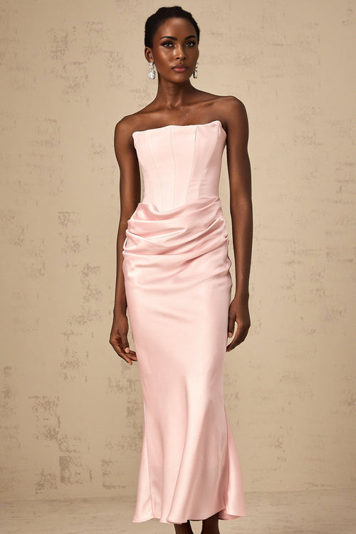 Bice Maxi Dress - Off the Shoulder - Pleat Detailing - Corset Style - Flared Hem - Satin Finish