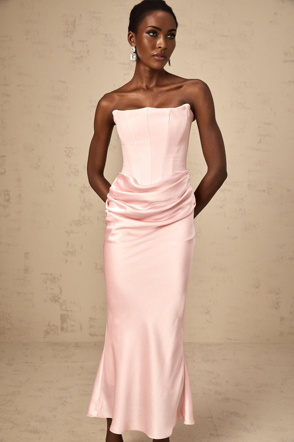 Bice Maxi Dress - Off the Shoulder - Pleat Detailing - Corset Style - Flared Hem - Satin Finish