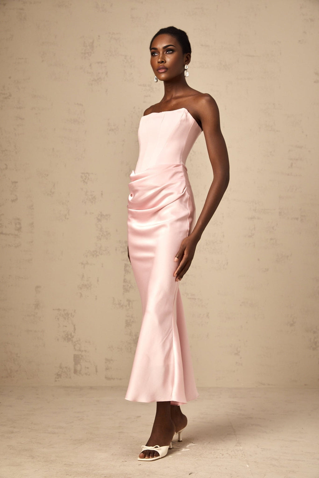Bice Maxi Dress - Off the Shoulder - Pleat Detailing - Corset Style - Flared Hem - Satin Finish
