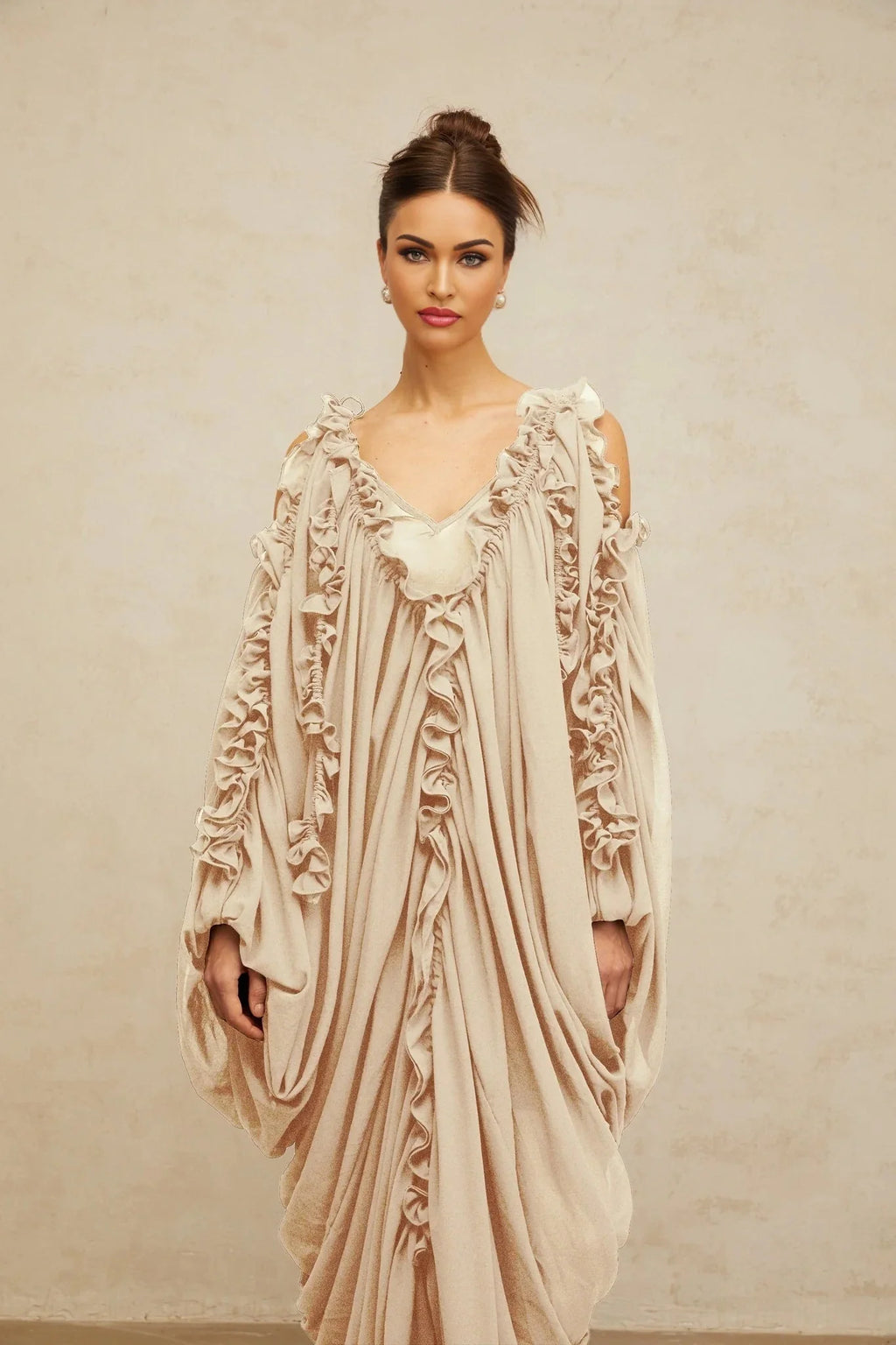Bice Maxi Dress Ruffled - Trim Tulle & V - Neck