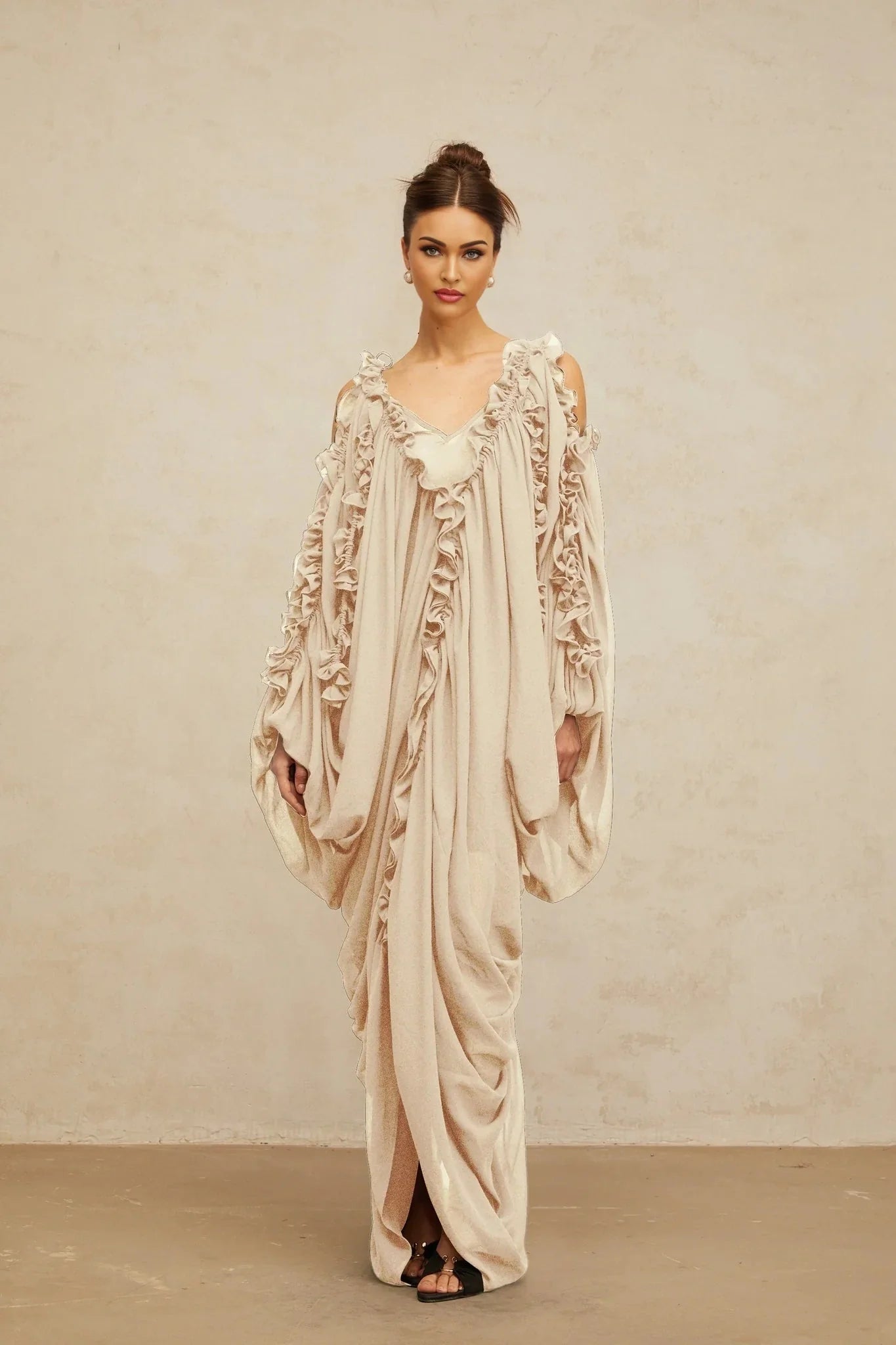Bice Maxi Dress Ruffled - Trim Tulle & V - Neck