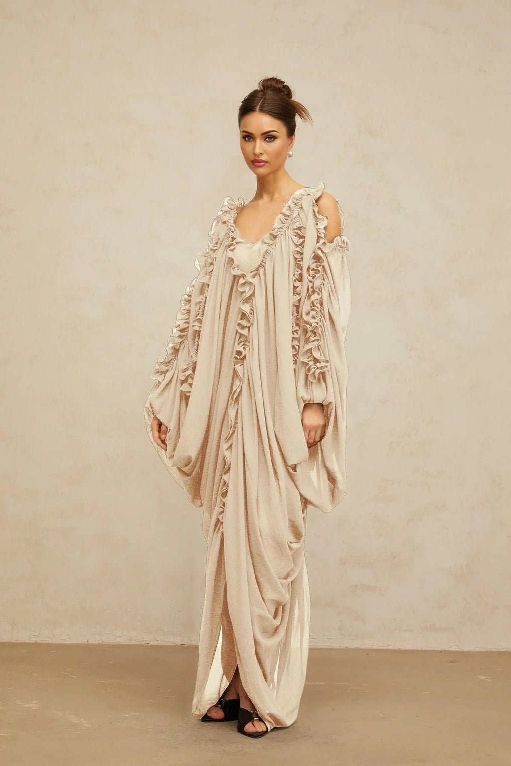 Bice Maxi Dress Ruffled - Trim Tulle & V - Neck