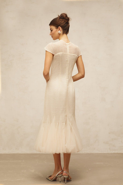 Bice Midi Dress - Cap Sleeves - Jacquard Weave - Tulle Panelling - Cinched Waist