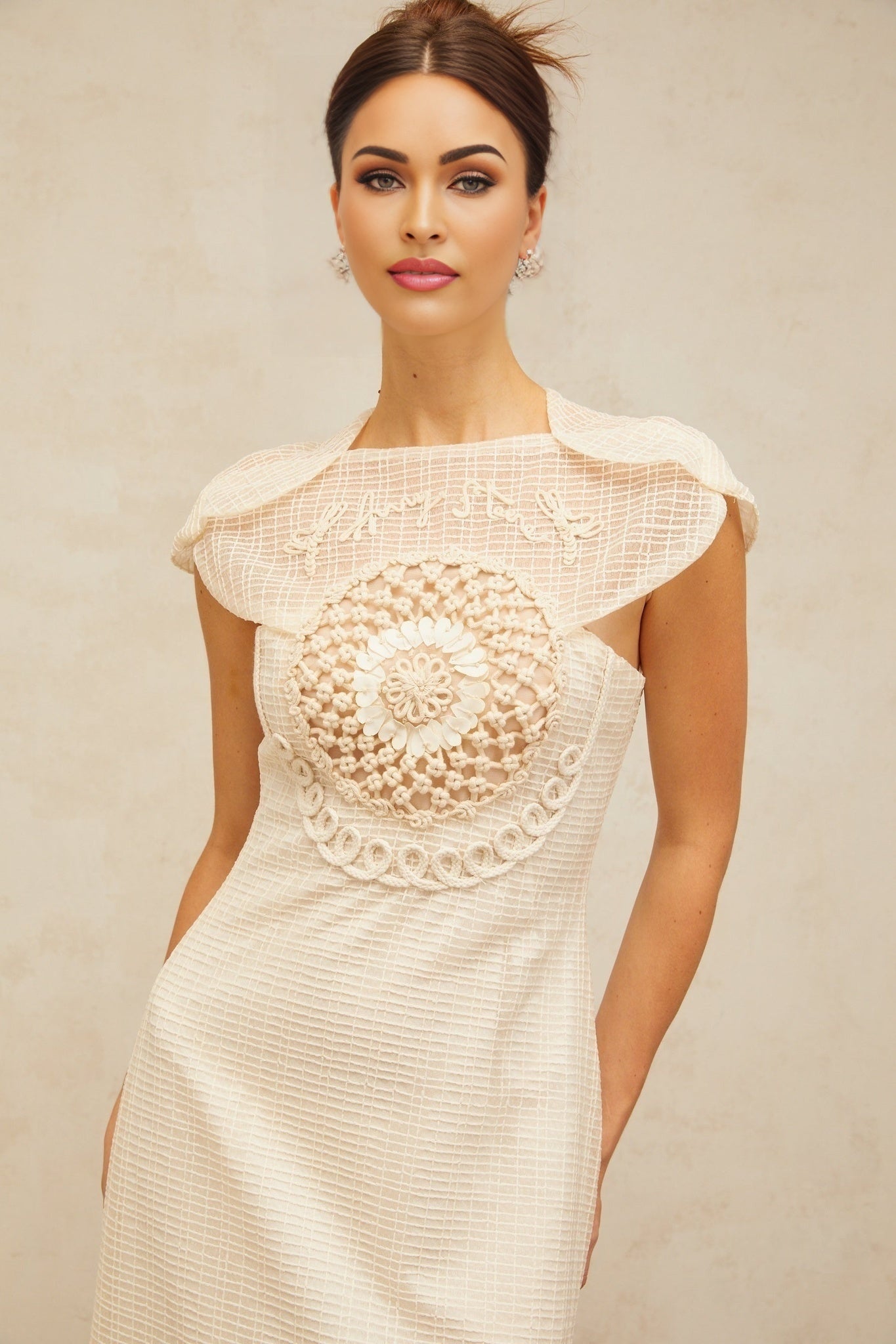 Bice Midi Dress - Cap Sleeves - Jacquard Weave - Tulle Panelling - Cinched Waist