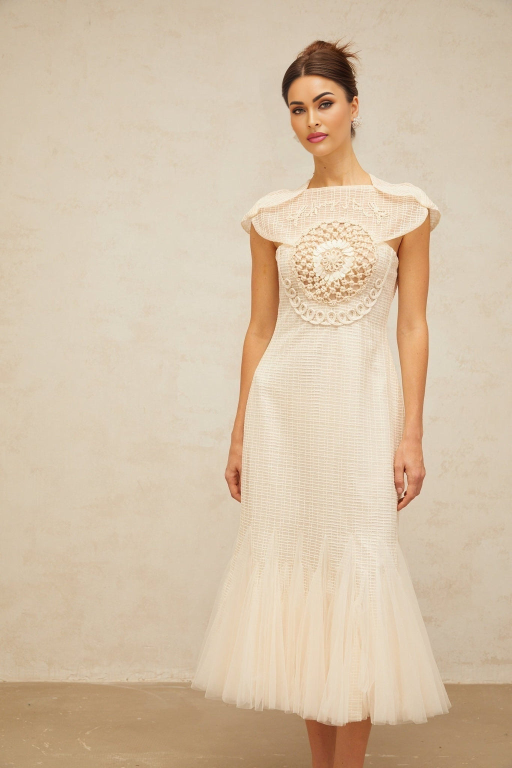 Bice Midi Dress - Cap Sleeves - Jacquard Weave - Tulle Panelling - Cinched Waist
