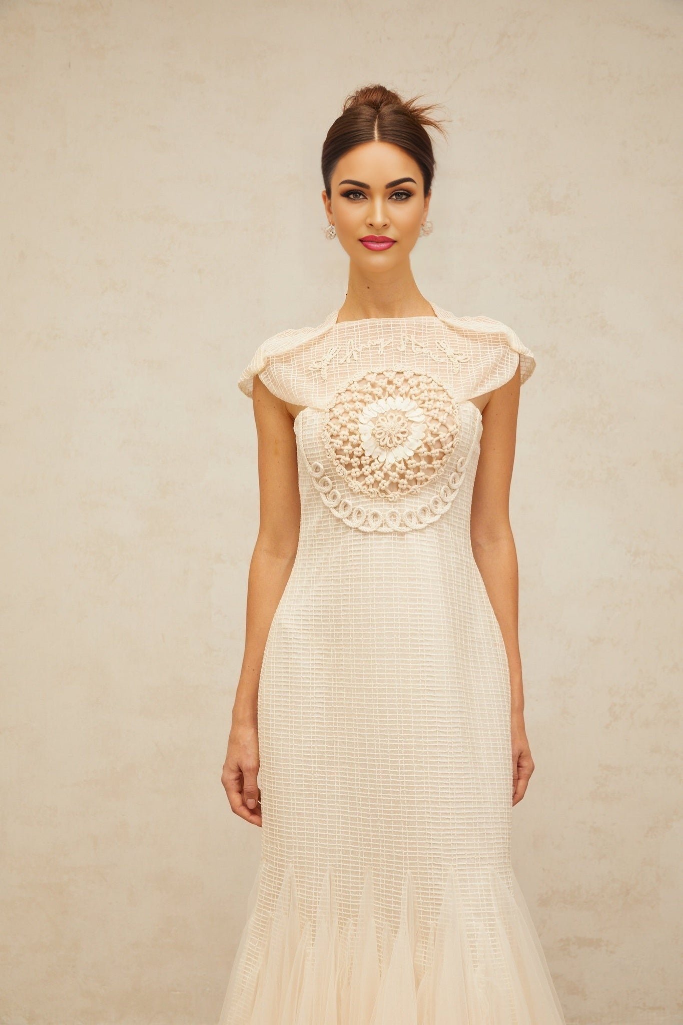 Bice Midi Dress - Cap Sleeves - Jacquard Weave - Tulle Panelling - Cinched Waist