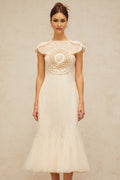 Bice Midi Dress - Cap Sleeves - Jacquard Weave - Tulle Panelling - Cinched Waist