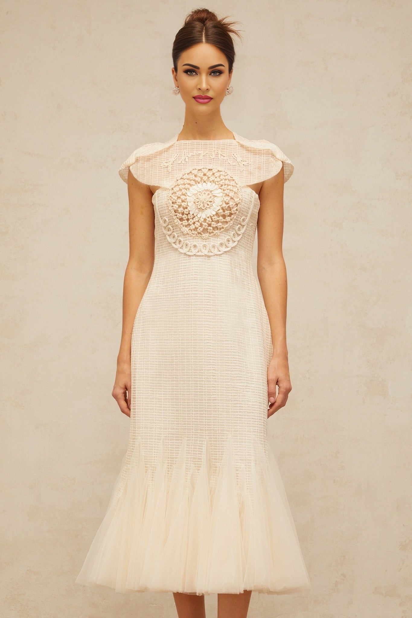 Bice Midi Dress - Cap Sleeves - Jacquard Weave - Tulle Panelling - Cinched Waist