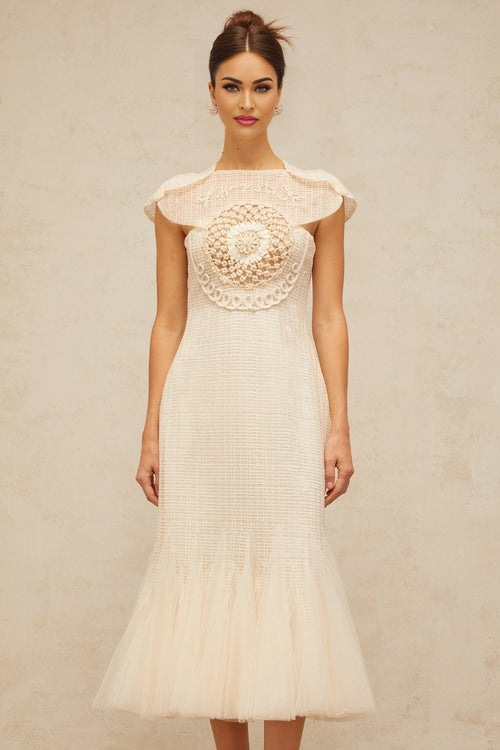 Bice Midi Dress - Cap Sleeves - Jacquard Weave - Tulle Panelling - Cinched Waist