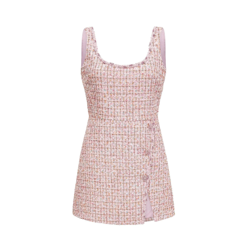 Bice Mini Dress - Crystal Embellished Detail - Cinched Waist - Square Neck - Side Slit