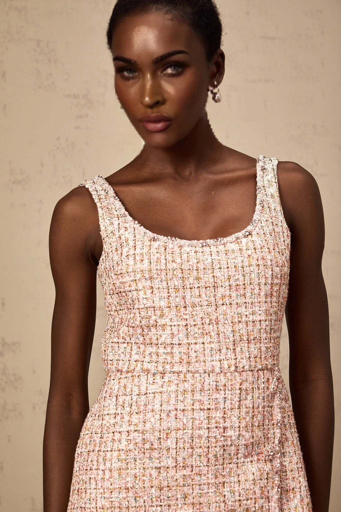 Bice Mini Dress - Crystal Embellished Detail - Cinched Waist - Square Neck - Side Slit