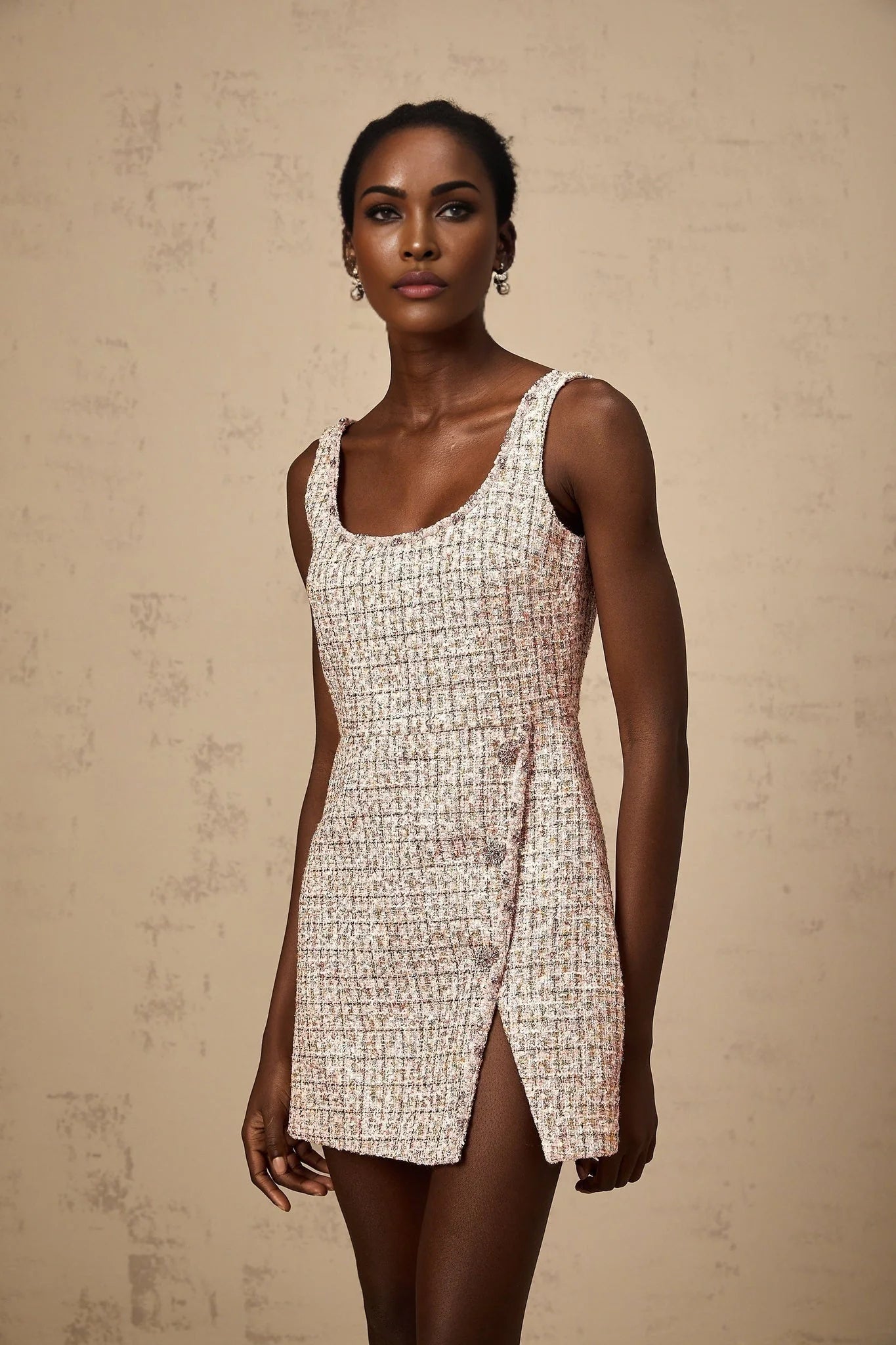 Bice Mini Dress - Crystal Embellished Detail - Cinched Waist - Square Neck - Side Slit