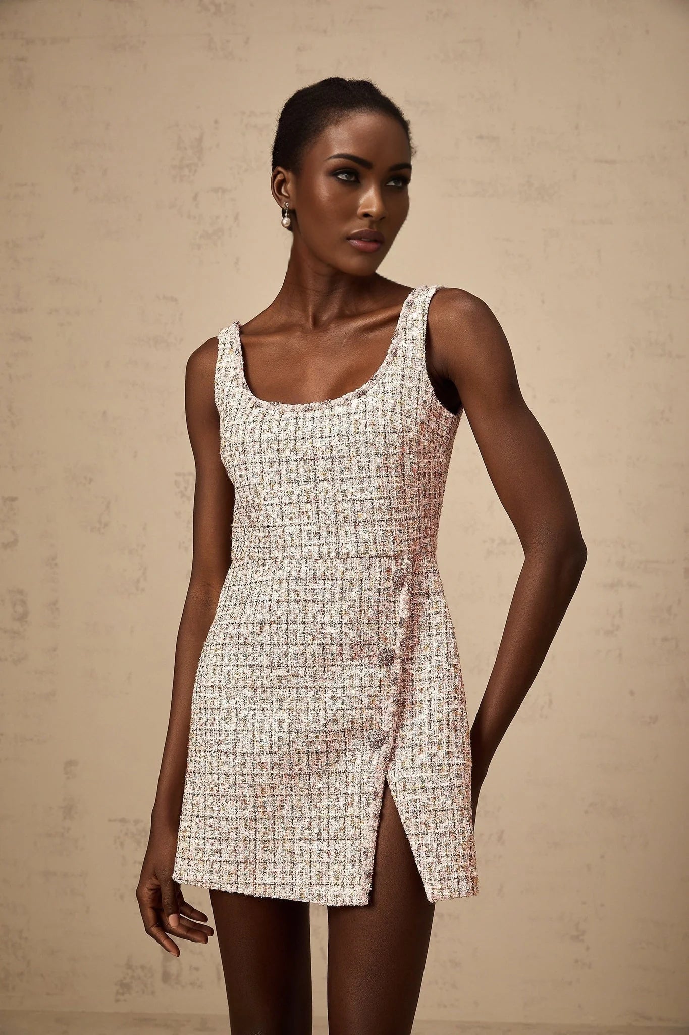 Bice Mini Dress - Crystal Embellished Detail - Cinched Waist - Square Neck - Side Slit
