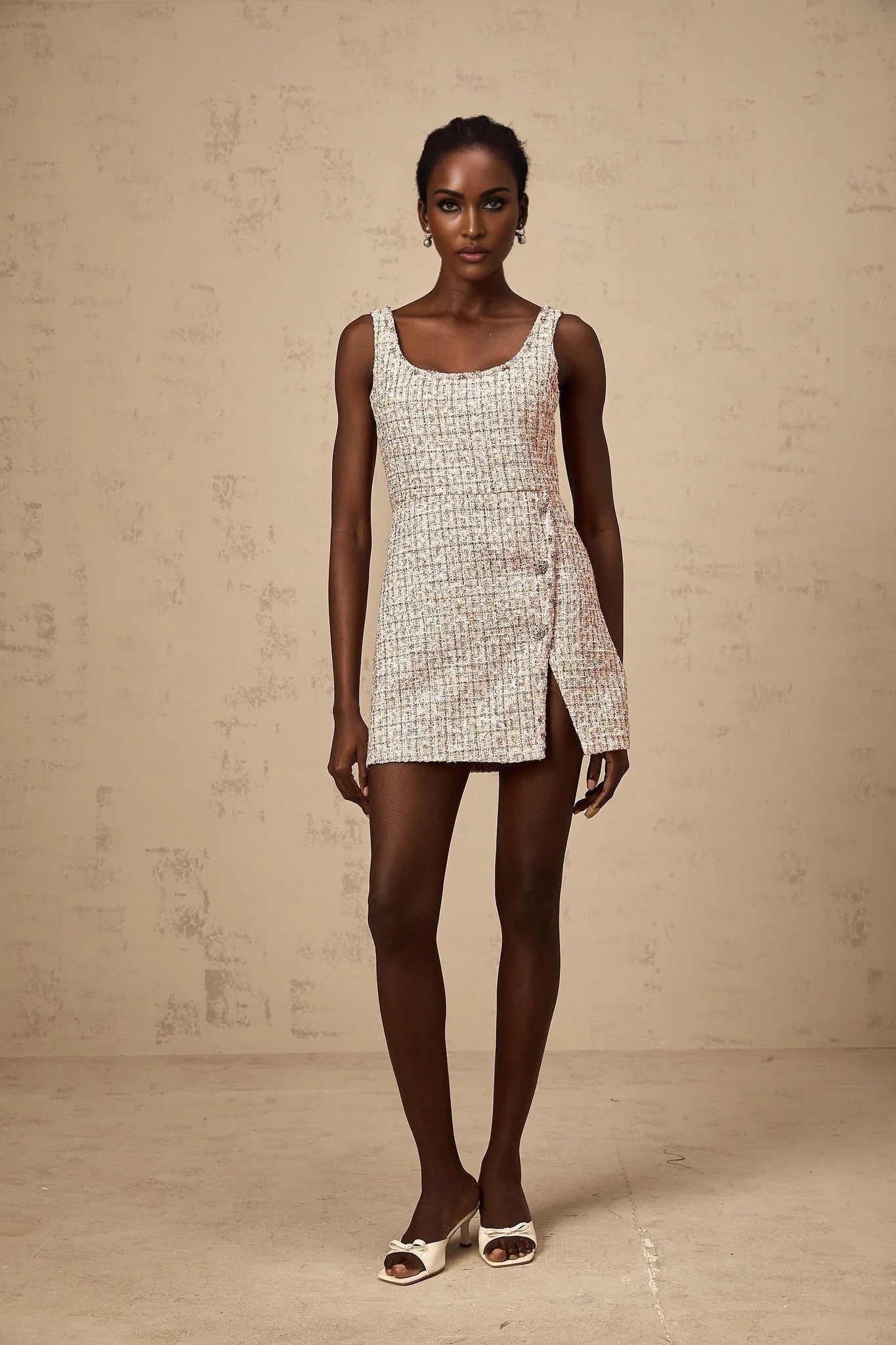Bice Mini Dress - Crystal Embellished Detail - Cinched Waist - Square Neck - Side Slit