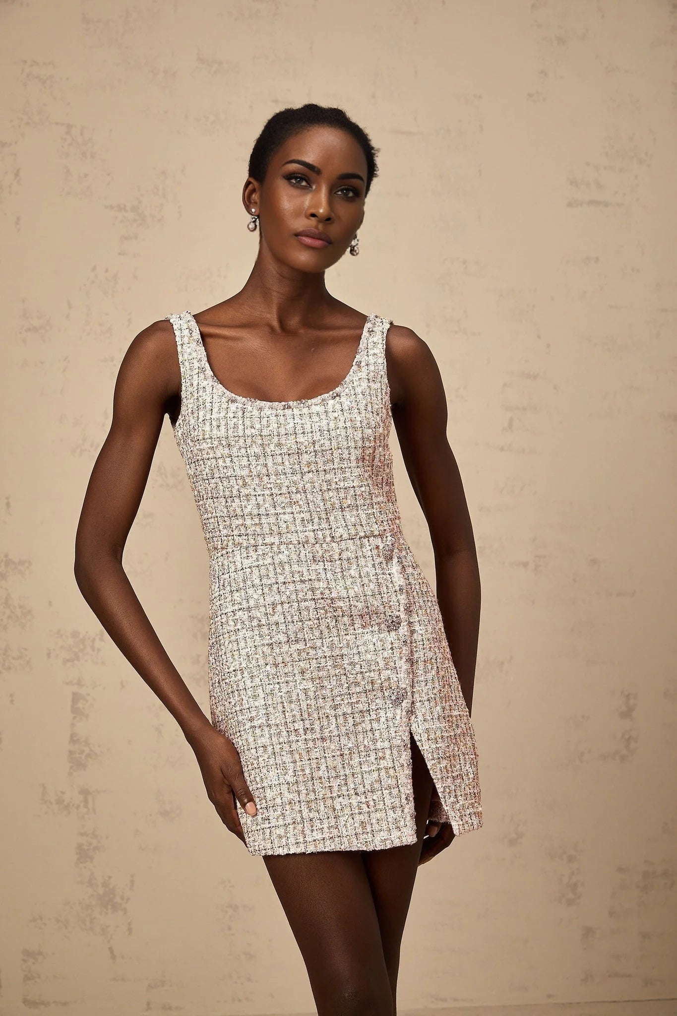 Bice Mini Dress - Crystal Embellished Detail - Cinched Waist - Square Neck - Side Slit