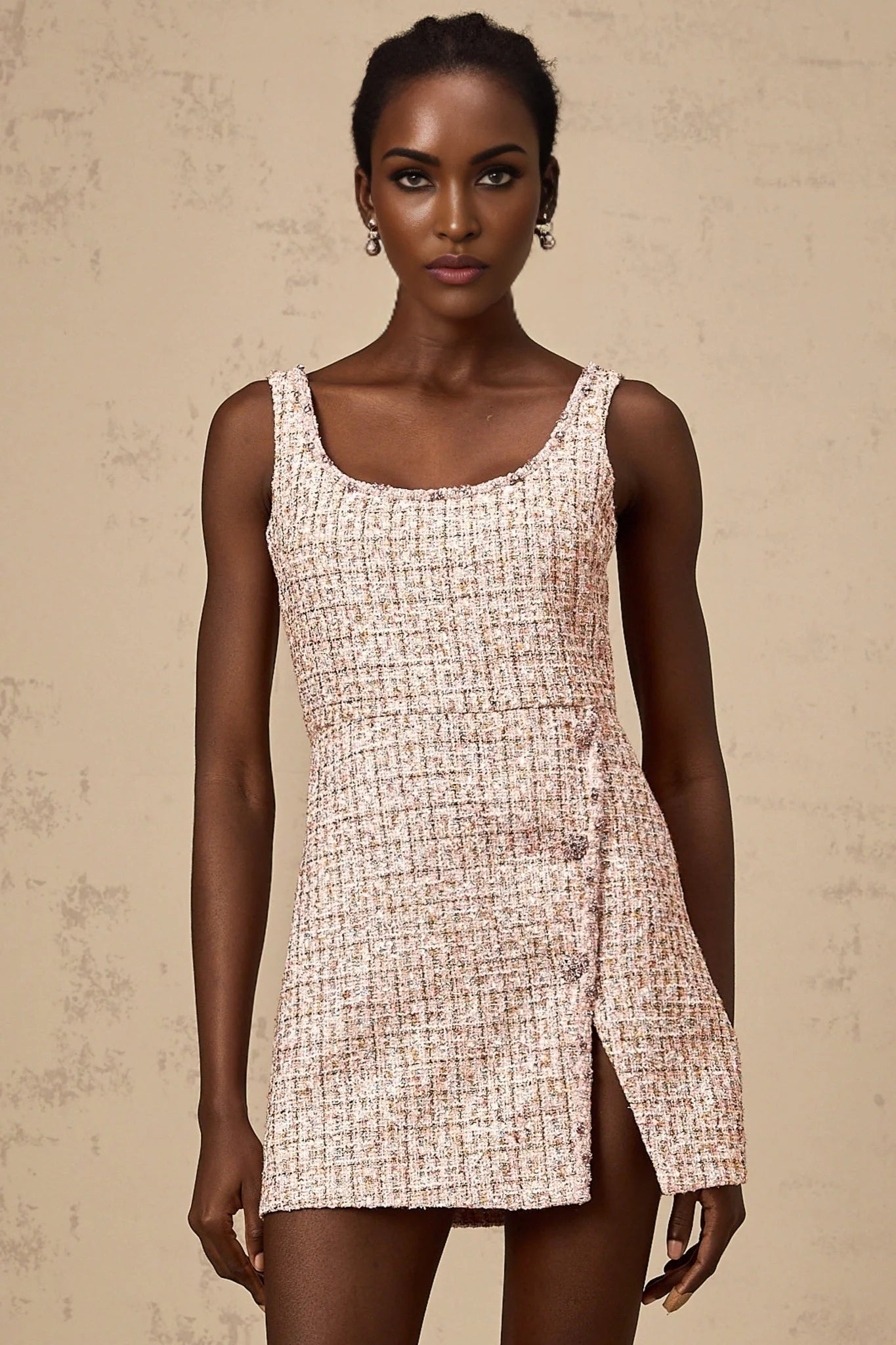 Bice Mini Dress - Crystal Embellished Detail - Cinched Waist - Square Neck - Side Slit