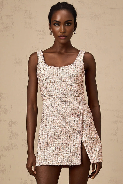 Bice Mini Dress - Crystal Embellished Detail - Cinched Waist - Square Neck - Side Slit