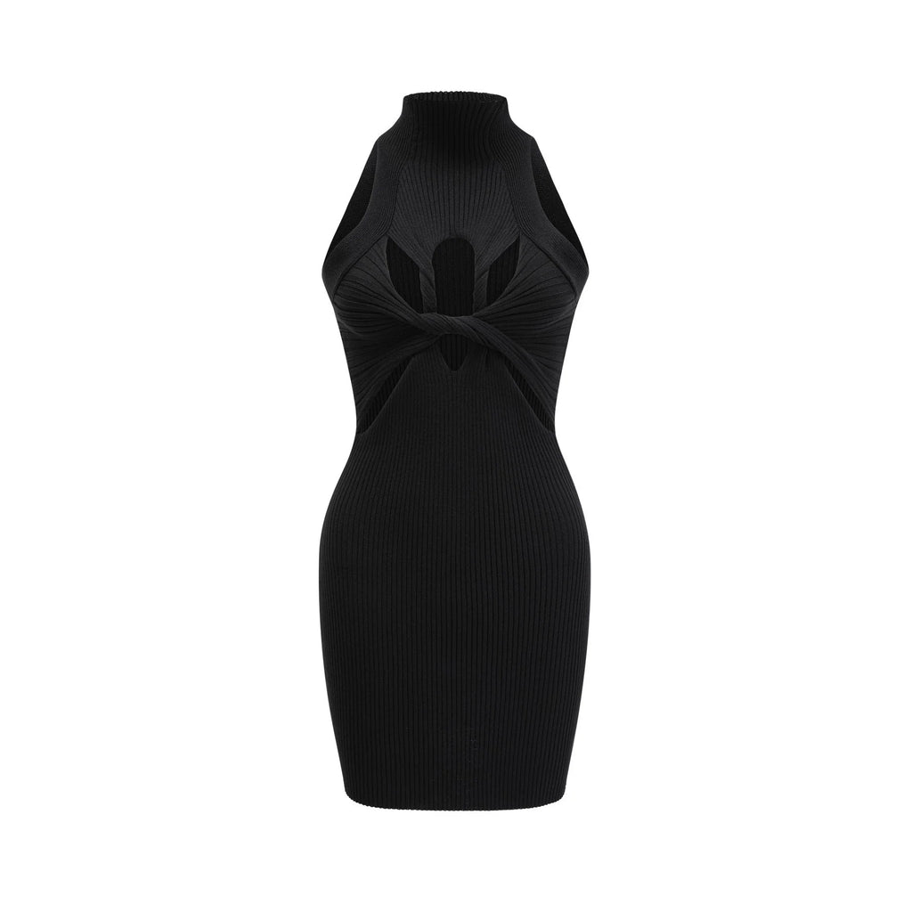 Bice Mini Dress - Sleeveless Round Neck - Twist and Cut - Out Detailing - Stretch