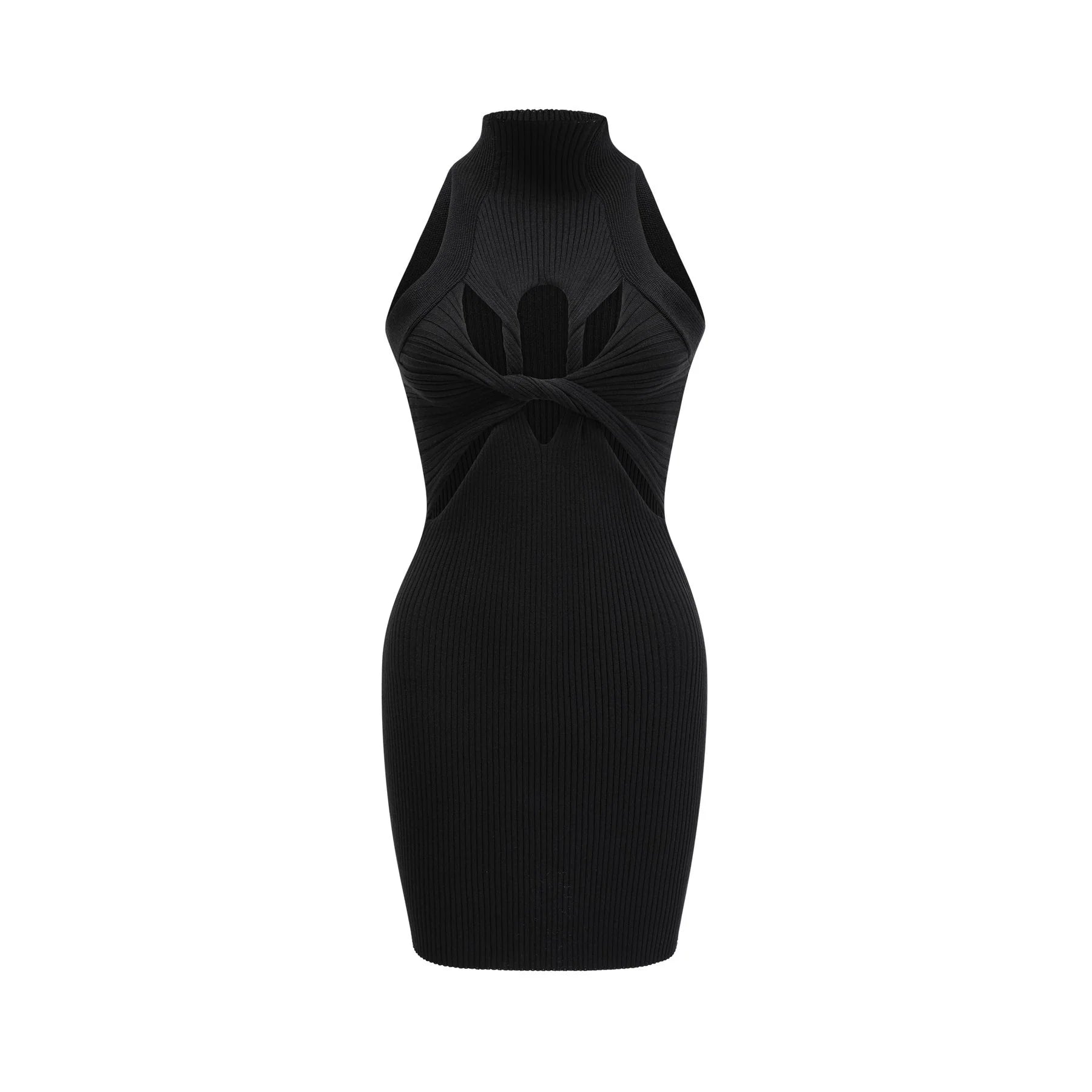 Bice Mini Dress - Sleeveless Round Neck - Twist and Cut - Out Detailing - Stretch