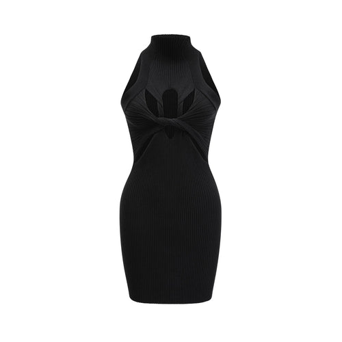 Bice Mini Dress - Sleeveless Round Neck - Twist and Cut - Out Detailing - Stretch