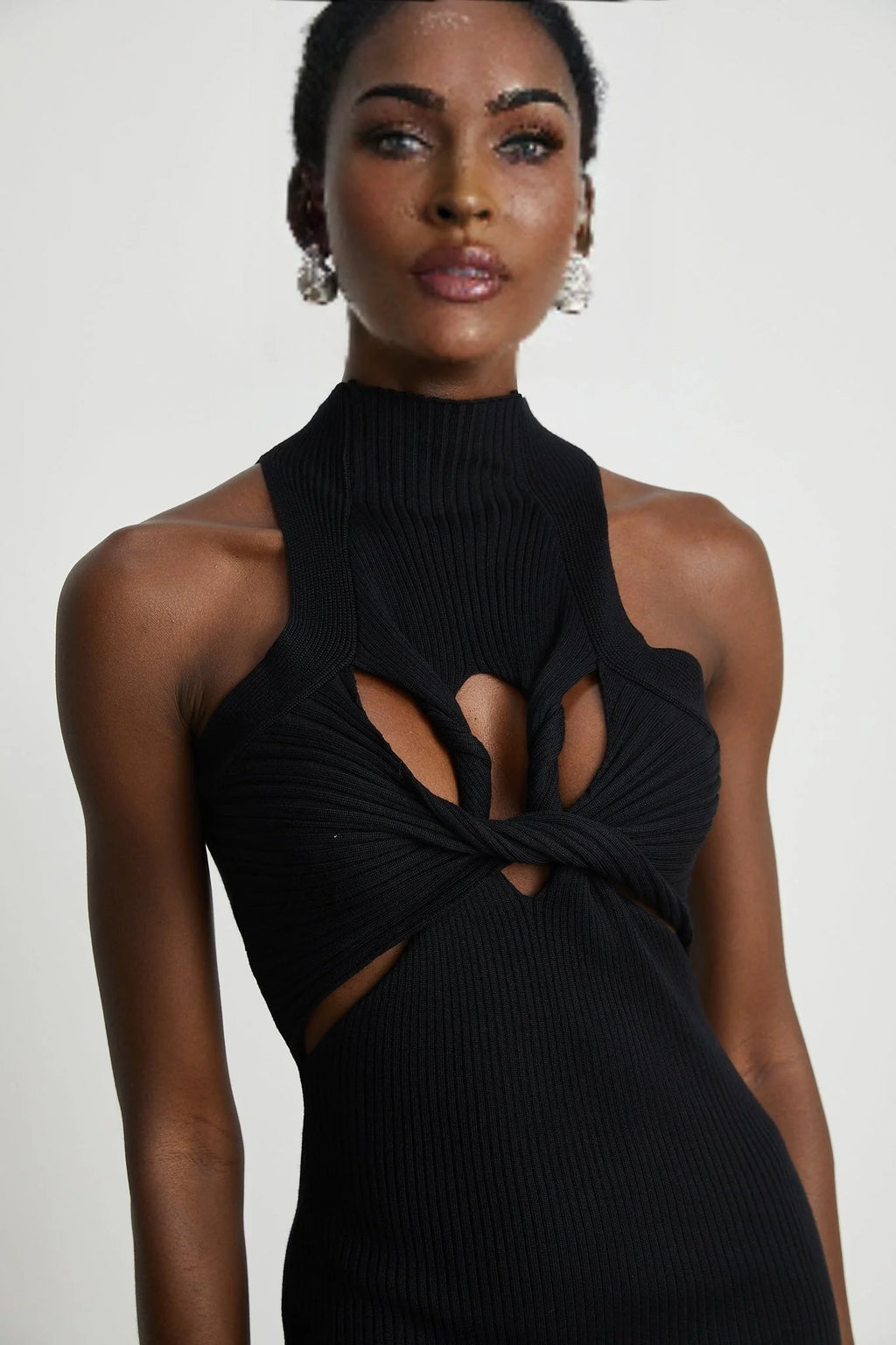 Bice Mini Dress - Sleeveless Round Neck - Twist and Cut - Out Detailing - Stretch