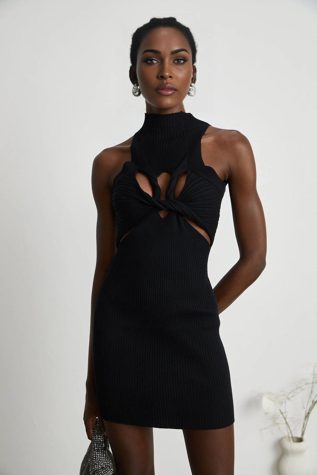 Bice Mini Dress - Sleeveless Round Neck - Twist and Cut - Out Detailing - Stretch