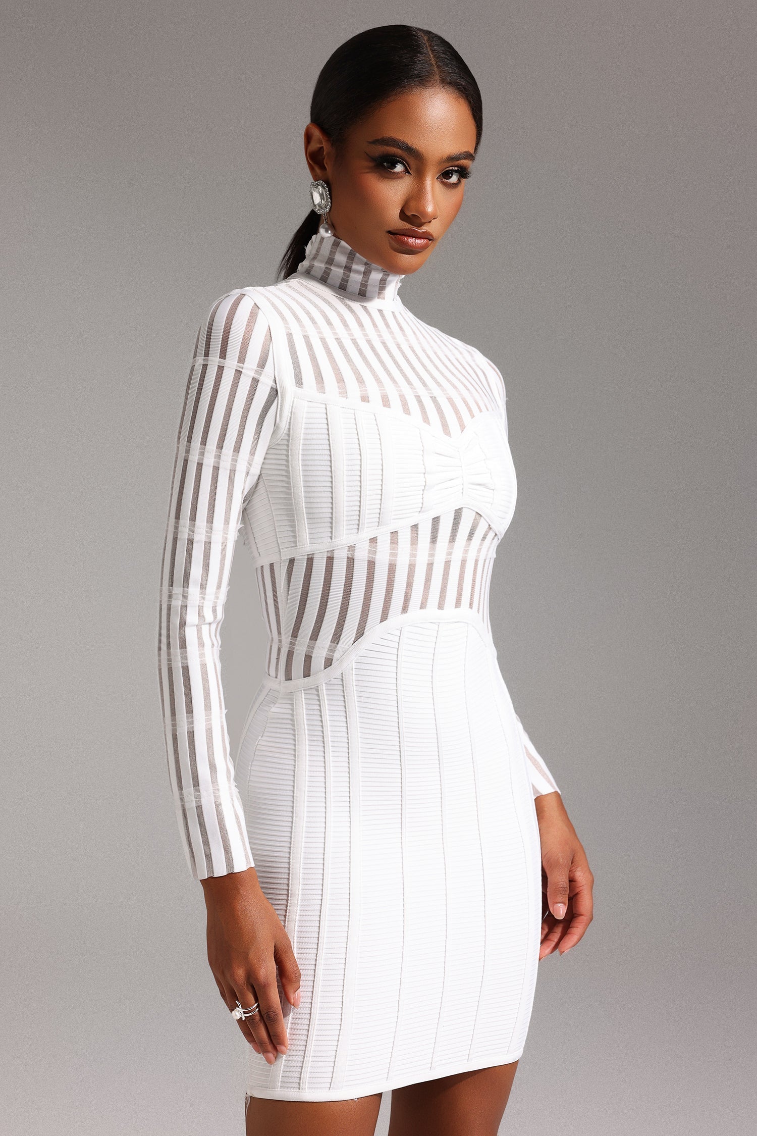Bice White Bandage Style Dress with Sheer Striped Detailing