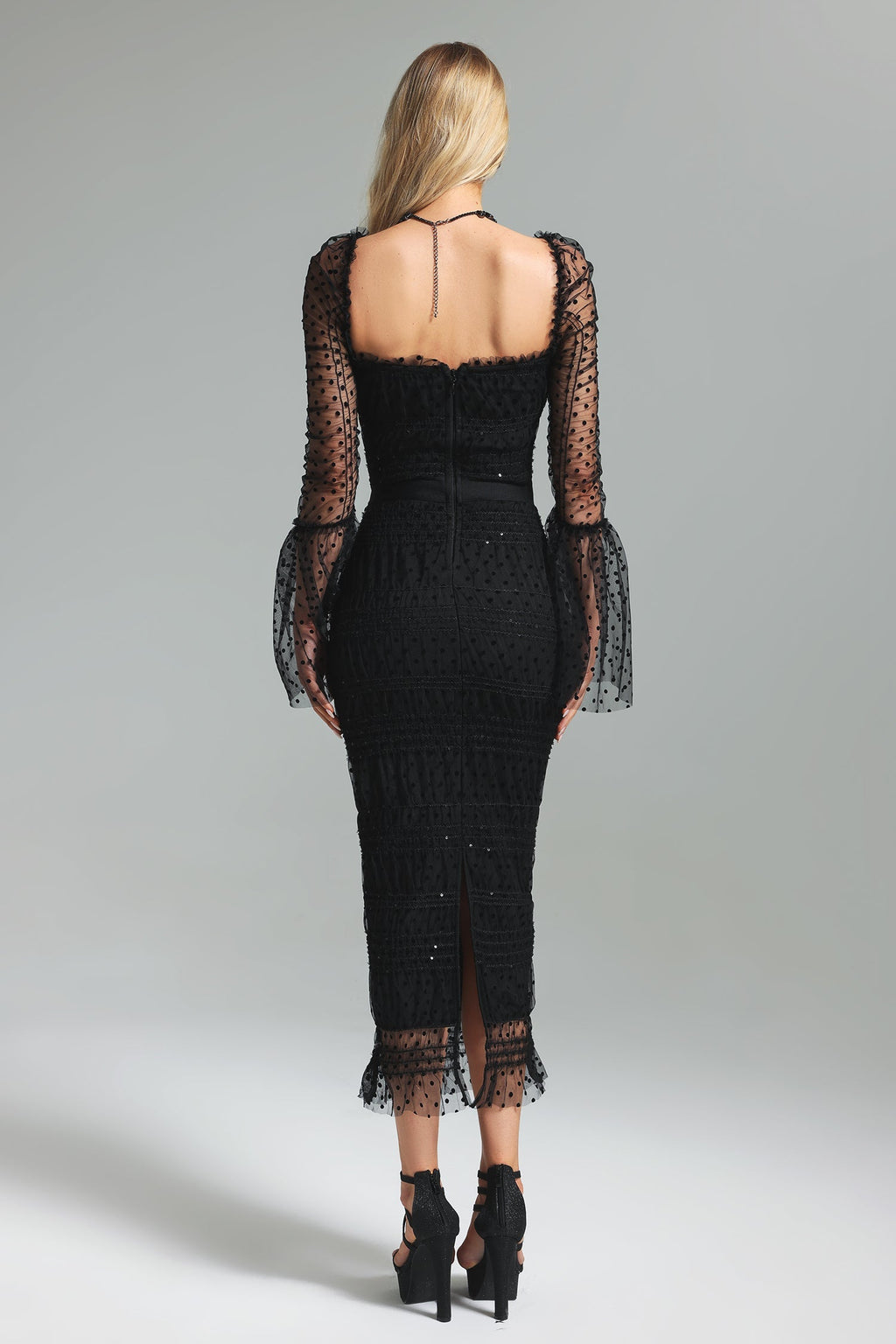 Black Crana Mesh Midi Dress with Square Neckline and Polka Dot Pattern