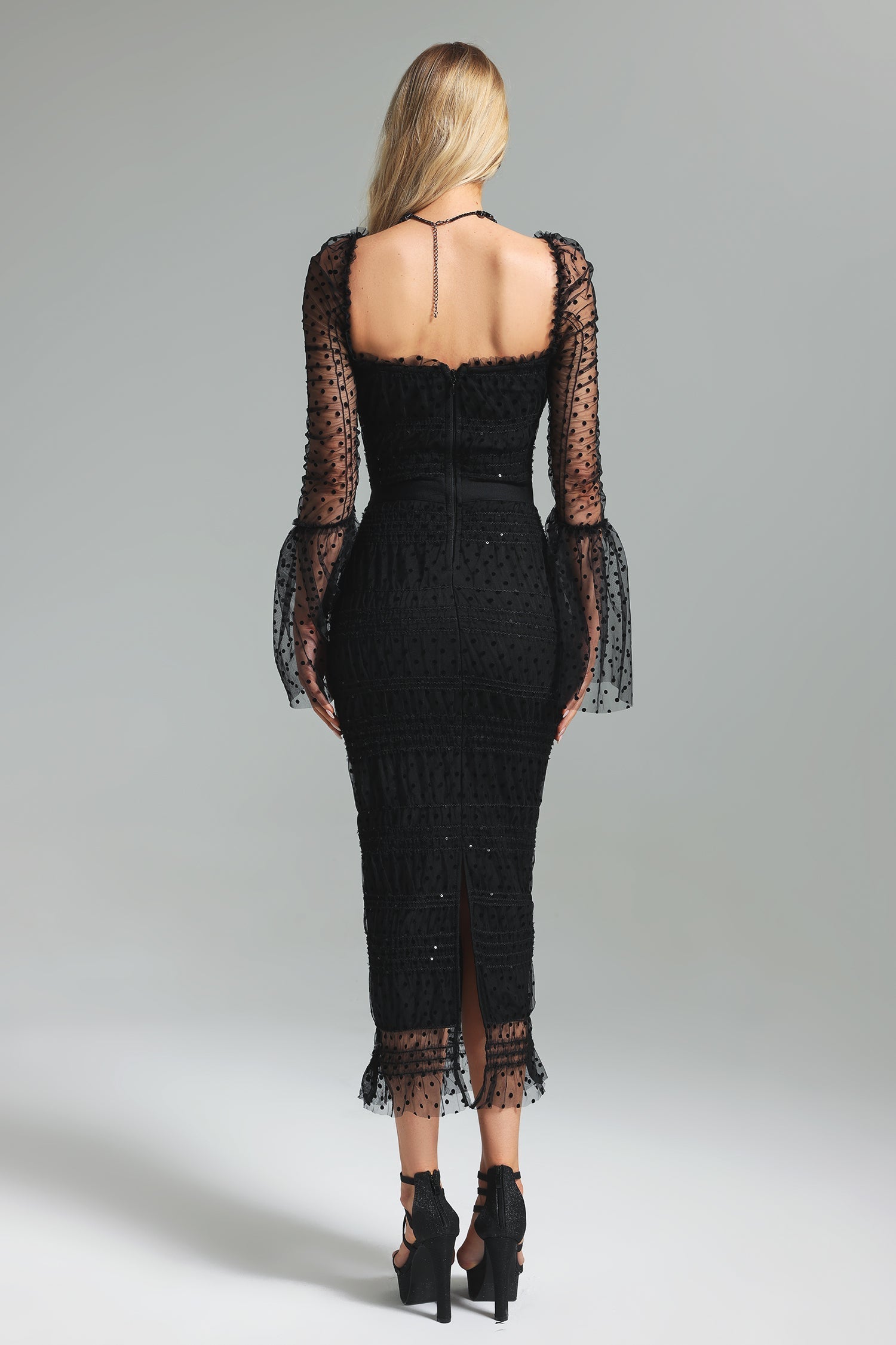Black Crana Mesh Midi Dress with Square Neckline and Polka Dot Pattern