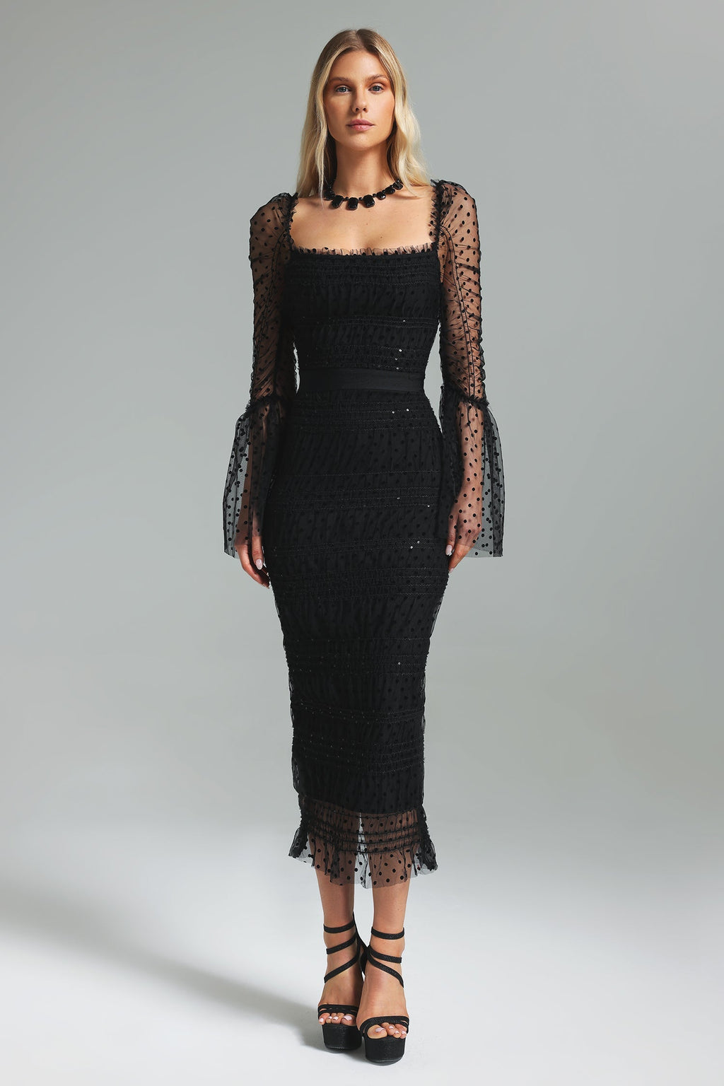 Black Crana Mesh Midi Dress with Square Neckline and Polka Dot Pattern