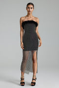 Black Diamante Feather Mesh Midi Dress with High Slit Design