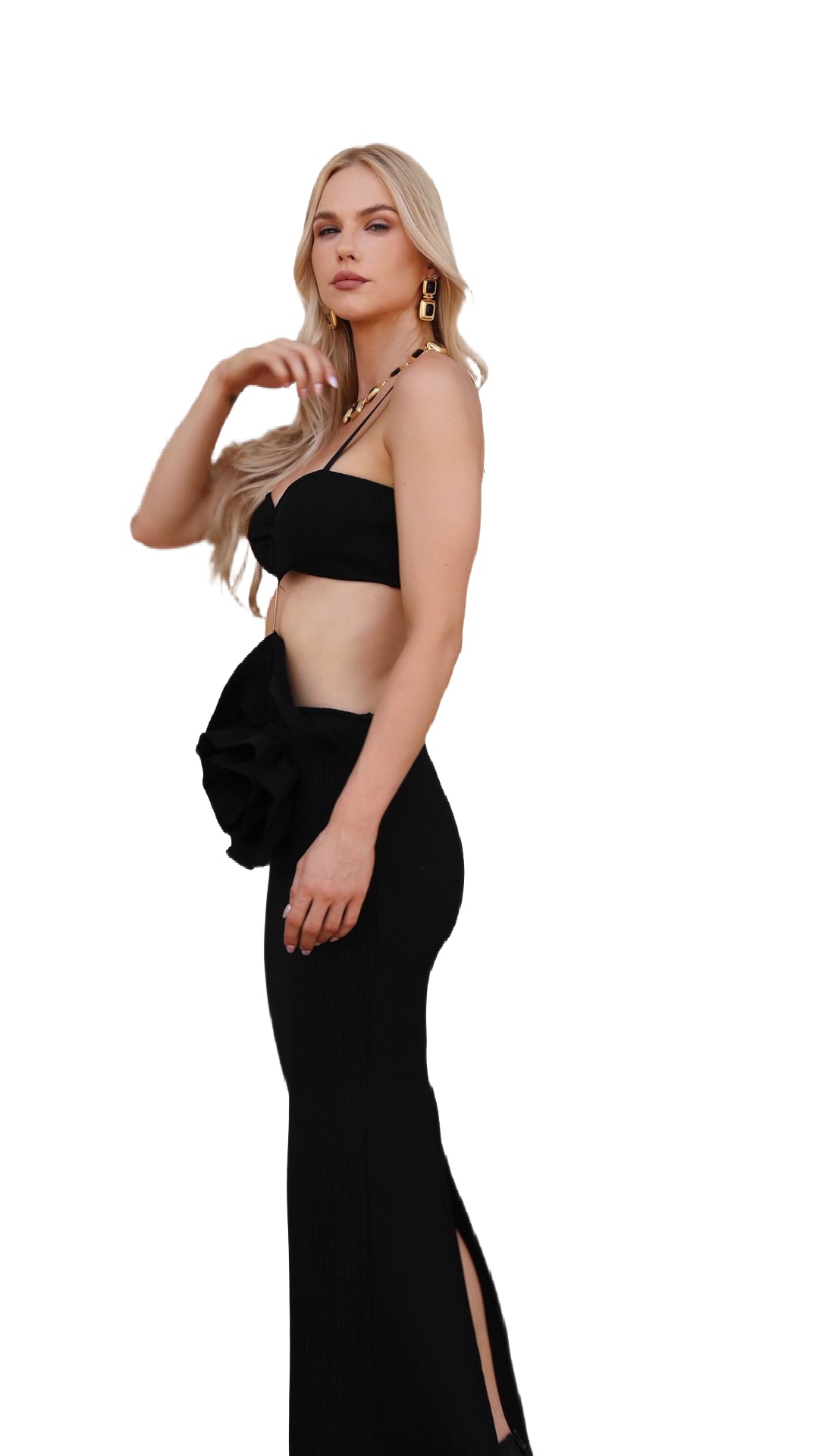 Black Ibbie Cut Out Dress with Ribbed Texture and Floral Detailing