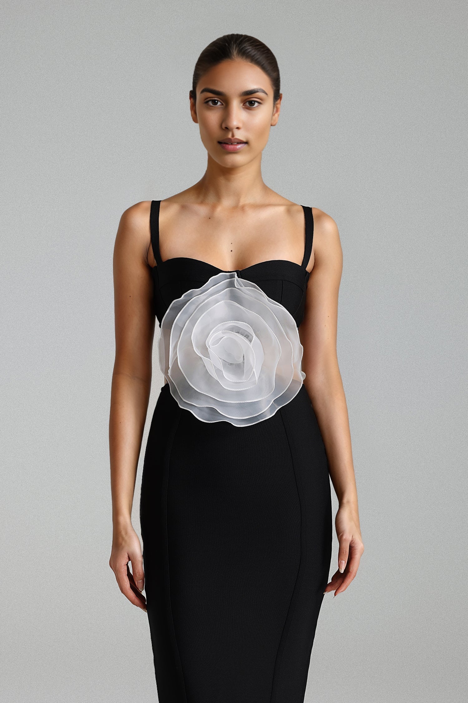 Black Jacey Mesh Flower Bandage Midi Dress